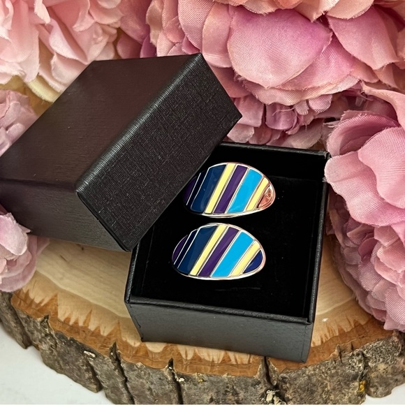 Oval Navy, Blue, Silver and Yellow Stripe Cufflinks - Picture 12 of 16